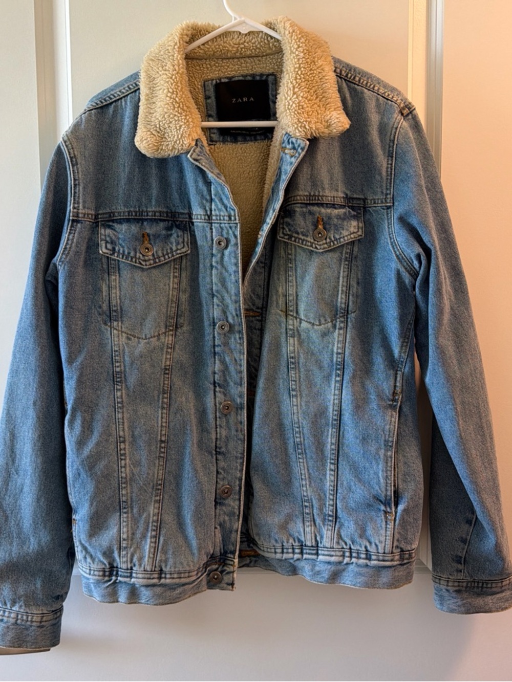 Zara Light Blue Denim Jacket with Cream Sherpa Collar - Picture 1 of 3